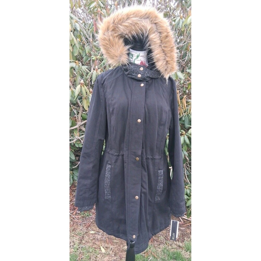 New Apt 9 Womens XL Black Parka Full Zip Fur Trimmed Hood Winter Coat Streetwear